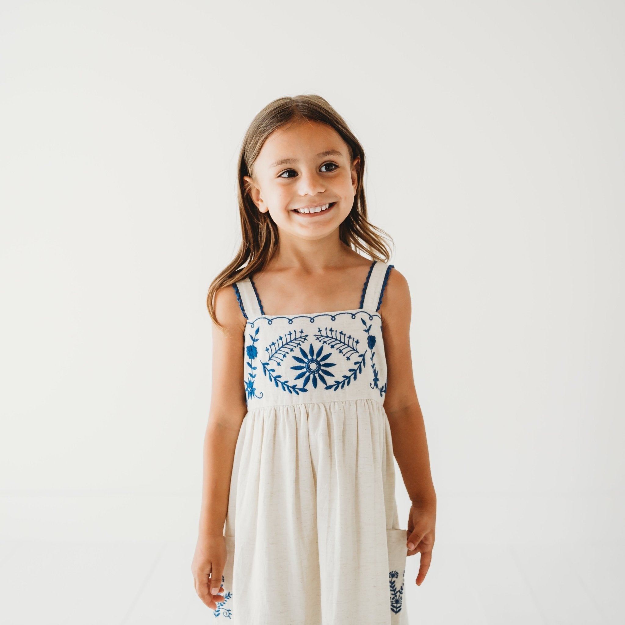 Azurea Hand-Embroidered Linen Dress | Artisan Floral Heirloom